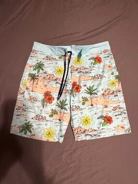 GAP Light Blue Tropical Print Swim Trunks with Red & Yellow Accents